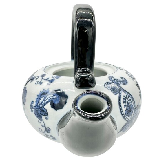 Pier 1 Vintage Handpainted Porcelain Tea Pot Black Blue White Floral Design - Picture 6 of 12